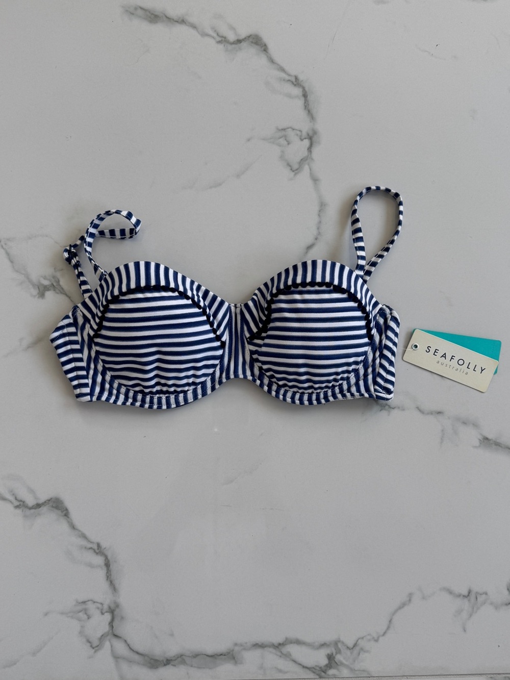 Seafolly Pin Up Stripe Bustier Bikini Top Denim Blue White Size 10 (US 6) NWT